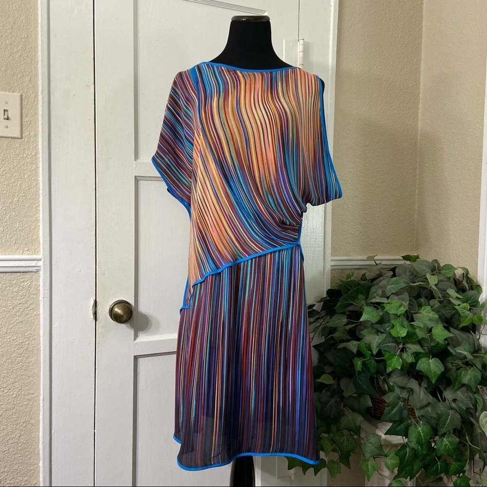 BCBG Maxazaria Silk Multicolor Striped Asymmetrical Dress